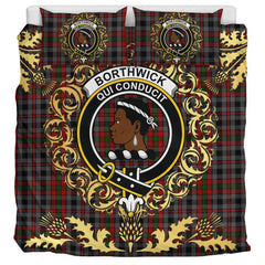 Borthwick Hunting Tartan Crest Bedding Set - Golden Thistle Style