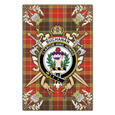 Buchanan Old Set Weathered Tartan Crest Black Garden Flag - Gold Thistle Style