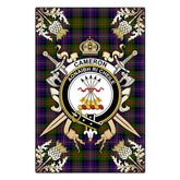 Cameron Of Erracht Modern Tartan Crest Black Garden Flag - Gold Thistle Style