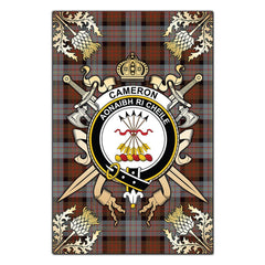 Cameron Of Erracht Weathered Tartan Crest Black Garden Flag - Gold Thistle Style