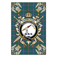 Carmichael Ancient Tartan Crest Black Garden Flag - Gold Thistle Style