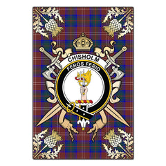 Chisholm Hunting Modern Tartan Crest Black Garden Flag - Gold Thistle Style