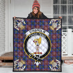 Chisholm Hunting Modern Tartan Crest Premium Quilt - Gold Thistle Style