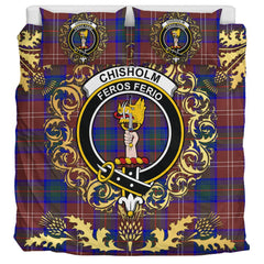 Chisholm Hunting Modern Tartan Crest Bedding Set - Golden Thistle Style