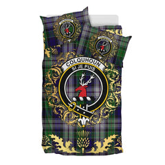 Colquhoun Dress Tartan Crest Bedding Set - Golden Thistle Style