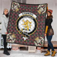 Cumming Hunting Modern Tartan Crest Premium Quilt - Gold Thistle Style