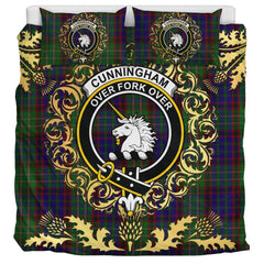 Cunningham Hunting Tartan Crest Bedding Set - Golden Thistle Style