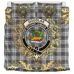 Douglas Grey Modern Tartan Crest Bedding Set - Golden Thistle Style