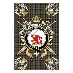 Farquharson Weathered Tartan Crest Black Garden Flag - Gold Thistle Style
