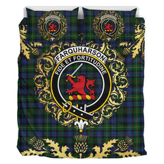 Farquharson or MacEwen Tartan Crest Bedding Set - Golden Thistle Style