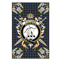 Fletcher Modern Tartan Crest Black Garden Flag - Gold Thistle Style