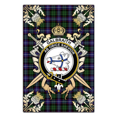 Galbraith Modern Tartan Crest Black Garden Flag - Gold Thistle Style