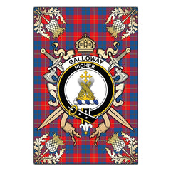 Galloway Red Tartan Crest Black Garden Flag - Gold Thistle Style