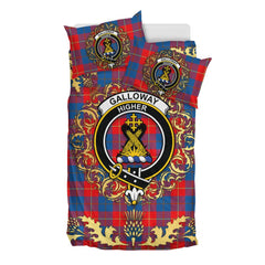 Galloway Red Tartan Crest Bedding Set - Golden Thistle Style