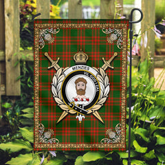 Menzies Green Modern Tartan Crest Garden Flag - Celtic Thistle Style