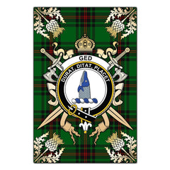 Ged Tartan Crest Black Garden Flag - Gold Thistle Style