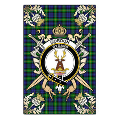 Gordon Modern Tartan Crest Black Garden Flag - Gold Thistle Style