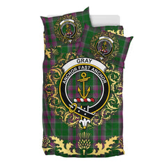 Gray Hunting Tartan Crest Bedding Set - Golden Thistle Style