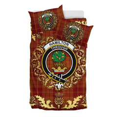 Hamilton Red Tartan Crest Bedding Set - Golden Thistle Style