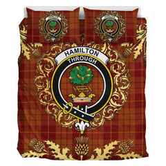 Hamilton Red Tartan Crest Bedding Set - Golden Thistle Style