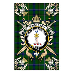 Henderson Modern Tartan Crest Black Garden Flag - Gold Thistle Style