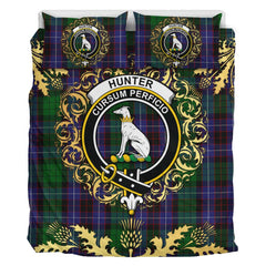 Hunter of Peebleshire Tartan Crest Bedding Set - Golden Thistle Style