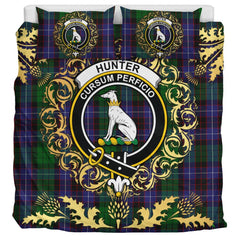 Hunter of Peebleshire Tartan Crest Bedding Set - Golden Thistle Style