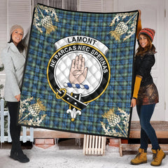 Lamont Ancient Tartan Crest Premium Quilt - Gold Thistle Style