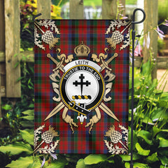 Leith Tartan Crest Black Garden Flag - Gold Thistle Style