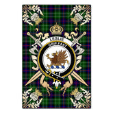 Leslie Hunting Tartan Crest Black Garden Flag - Gold Thistle Style