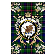 Leslie Hunting Tartan Crest Black Garden Flag - Gold Thistle Style