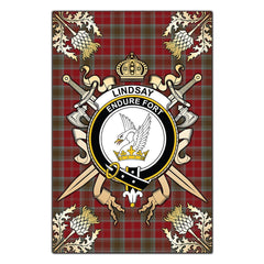 Lindsay Weathered Tartan Crest Black Garden Flag - Gold Thistle Style