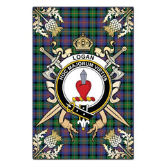Logan Ancient Tartan Crest Black Garden Flag - Gold Thistle Style