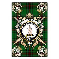 Logie Tartan Crest Black Garden Flag - Gold Thistle Style