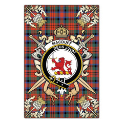 MacDuff Ancient Tartan Crest Black Garden Flag - Gold Thistle Style