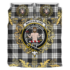 MacFarlane Black White Ancient Tartan Crest Bedding Set - Golden Thistle Style