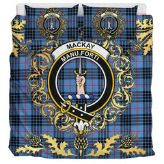 MacKay Blue Tartan Crest Bedding Set - Golden Thistle Style