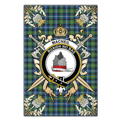 MacNeil of Barra Ancient Tartan Crest Black Garden Flag - Gold Thistle Style