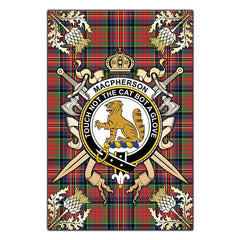 MacPherson Ancient Tartan Crest Black Garden Flag - Gold Thistle Style