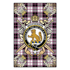 MacPherson Hunting Modern Tartan Crest Black Garden Flag - Gold Thistle Style