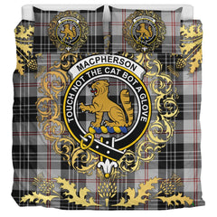 MacPherson of Cluny Black and White Tartan Crest Bedding Set - Golden Thistle Style