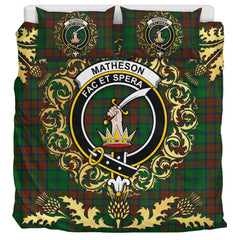 Matheson Hunting Highland Tartan Crest Bedding Set - Golden Thistle Style