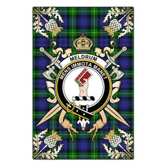 Meldrum Tartan Crest Black Garden Flag - Gold Thistle Style