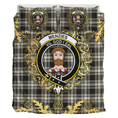 Menzies Black and White Ancient Tartan Crest Bedding Set - Golden Thistle Style