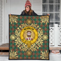 Menzies Green Ancient Tartan Crest Premium Quilt - Gold Thistle Style