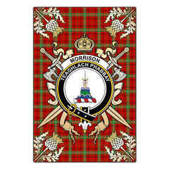 Morrison Red Modern Tartan Crest Black Garden Flag - Gold Thistle Style
