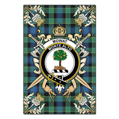 Mowat Tartan Crest Black Garden Flag - Gold Thistle Style
