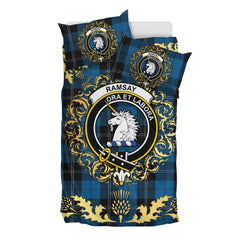 Ramsay Blue Hunting Tartan Crest Bedding Set - Golden Thistle Style