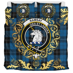 Ramsay Blue Hunting Tartan Crest Bedding Set - Golden Thistle Style