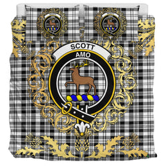 Scott Black White Modern Tartan Crest Bedding Set - Golden Thistle Style